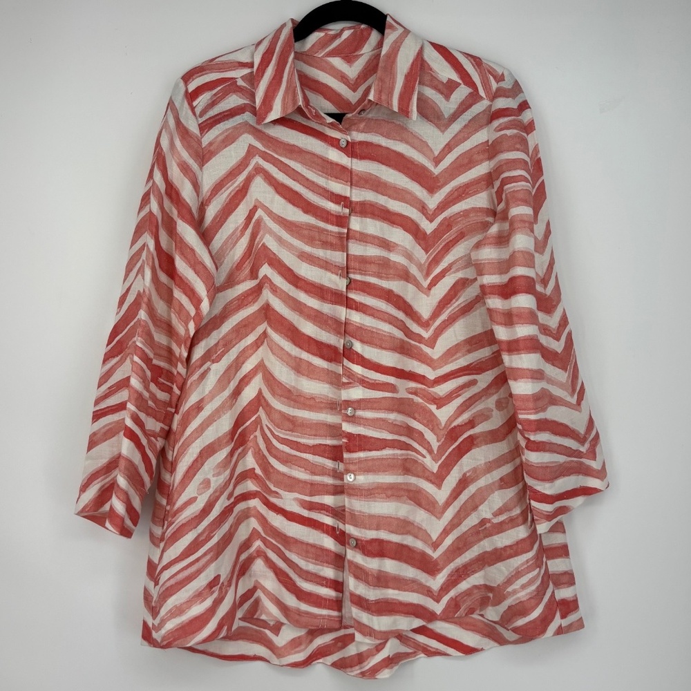 iLinen Womens Medium Classic Button Front Shirt Coral Zebra 3/4 Sleeve Pockets
